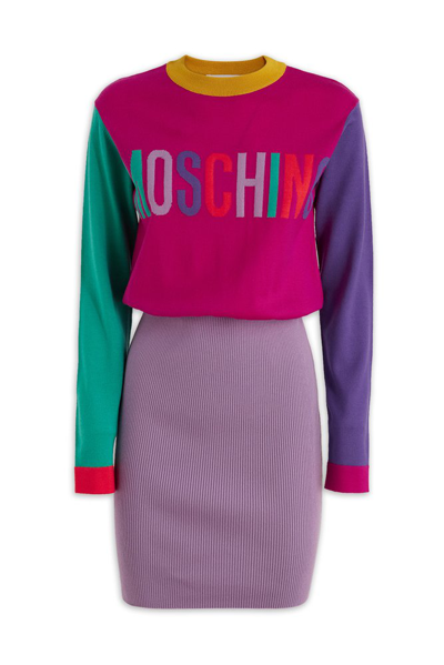 Shop Moschino Logo Intarsia Knitted Sweater Dress In Multi