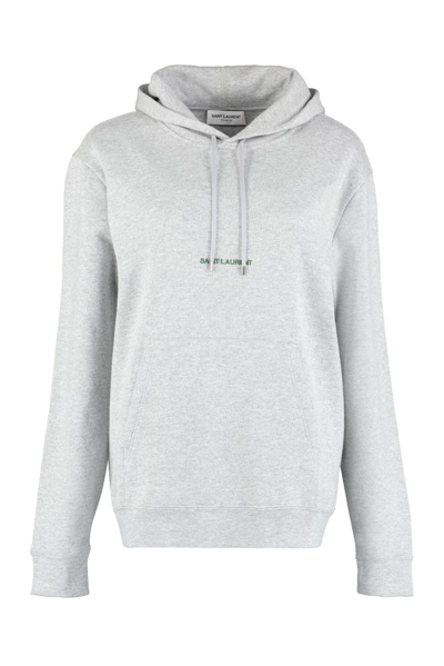 Shop Saint Laurent Logo Embroidered Drawstring Hoodie In Grey
