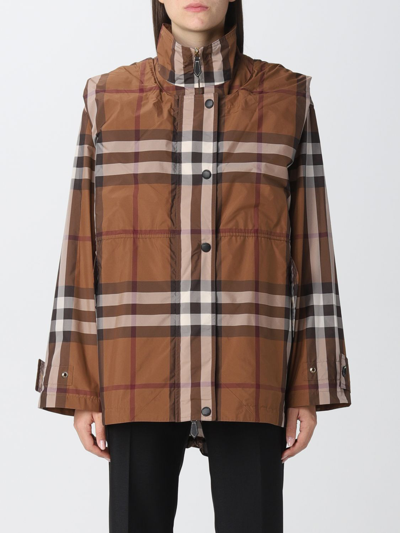 Shop Burberry Reconstructed Jacket With Hood And Tartan Pattern In Brown