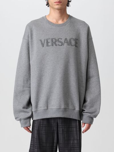Shop Versace Viscose And Wool Sweatshirt With Shearling Logo In Grey
