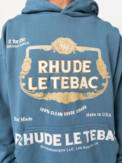 Rhude Le Tabac Logo-embroidered Printed Cotton-jersey Hoodie In Blue |  ModeSens