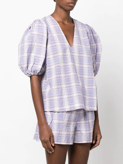 Shop Ganni Check-patterned Puff Sleeve Blouse In Violett