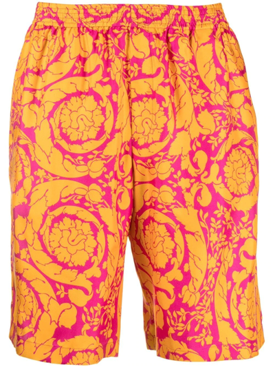 Shop Versace Barocco Silhouette-print Silk Shorts In Orange