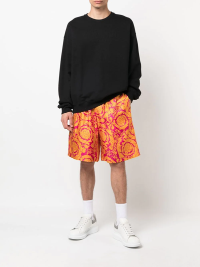 Shop Versace Barocco Silhouette-print Silk Shorts In Orange