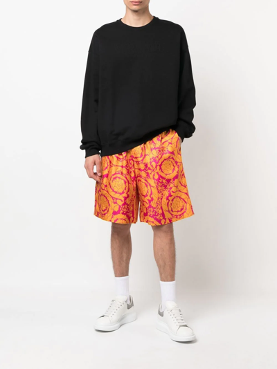 Versace Barocco Silhouette-print Silk Shorts In Orange