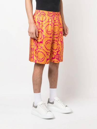 Versace Barocco Silhouette-print Silk Shorts In Orange