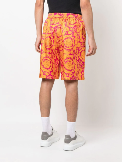 Shop Versace Barocco Silhouette-print Silk Shorts In Orange