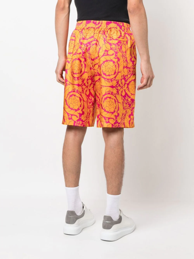 Versace Barocco Silhouette-print Silk Shorts In Orange