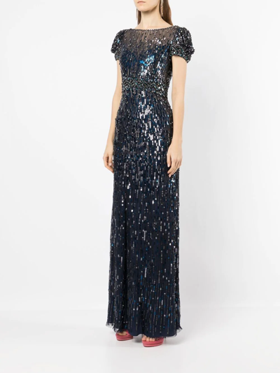 Shop Jenny Packham Sequinned Crystal-embellished Gown In Blue