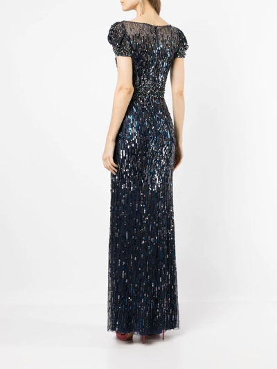 Shop Jenny Packham Sequinned Crystal-embellished Gown In Blue