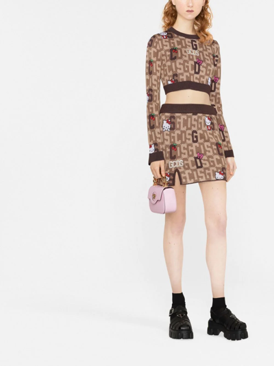 Gcds Brown And Beige Mini Skirt  In Wool Blend Knit With Logo Plate, Hello Kitty Motif And Contrast Jacqu In Braun