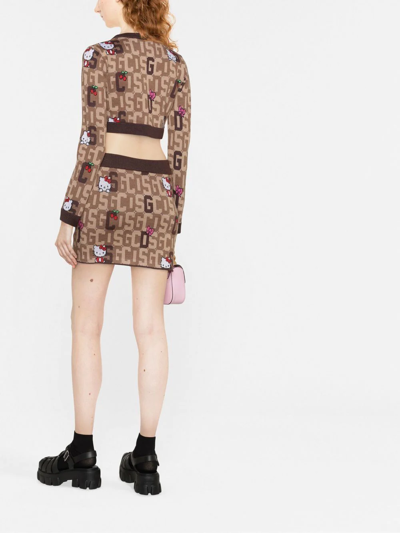 Gcds Brown And Beige Mini Skirt  In Wool Blend Knit With Logo Plate, Hello Kitty Motif And Contrast Jacqu In Braun