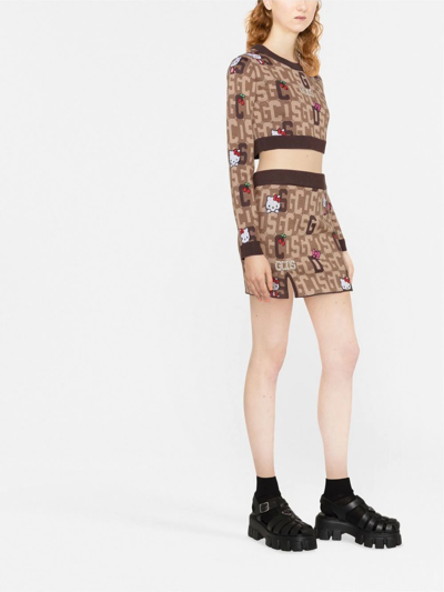 Gcds Brown And Beige Mini Skirt  In Wool Blend Knit With Logo Plate, Hello Kitty Motif And Contrast Jacqu In Braun