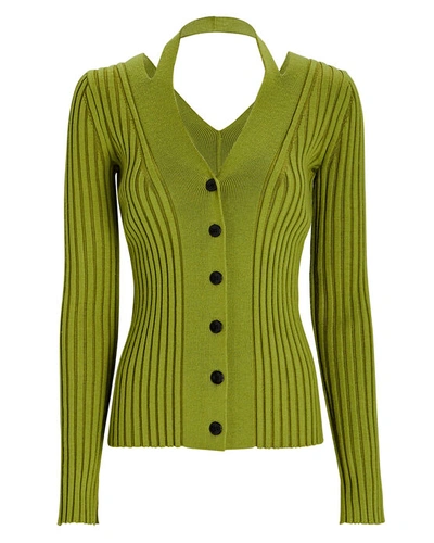 Shop Proenza Schouler White Label Ribbed Wool-blend Halter Cardigan In Green-lt