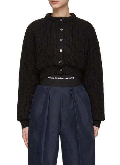 Shop Alexander Wang T Padded Wool Blend Cable Knit Cropped Button-up Cardigan In Black