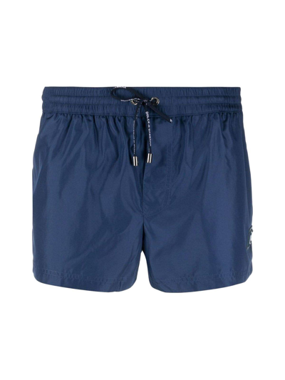 Shop Dolce & Gabbana Logo Patch Swim Shorts In Blue