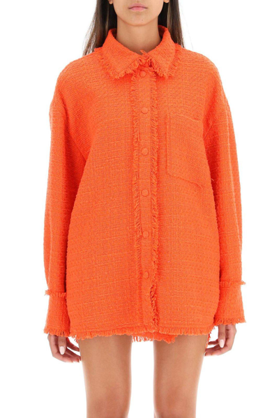 Shop Msgm Button-up Tweed Knit Overshirt In Red