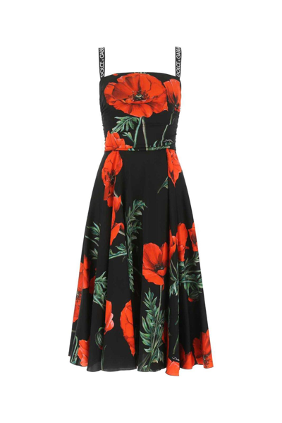 Shop Dolce & Gabbana Logo-strap Floral-printed Midi Dress In Nero.