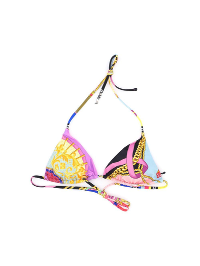 Shop Versace Graphic Printed Tied Bikini Top In Multicolor