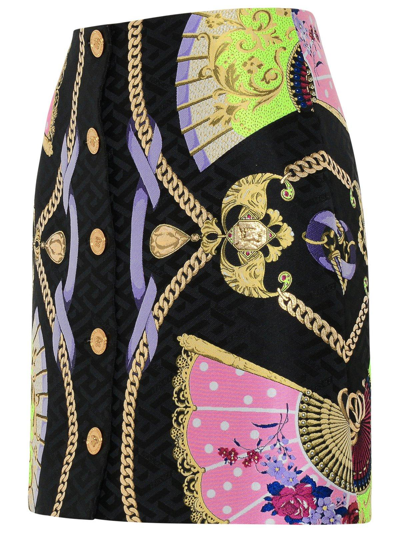Shop Versace Graphic Printed Buttoned Mini Skirt In Multicolor