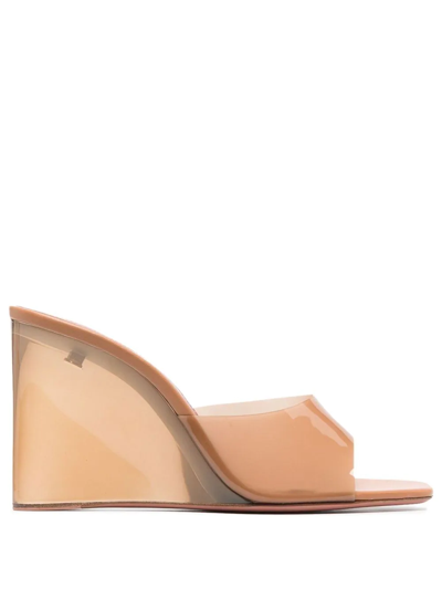 Shop Amina Muaddi Lupita Glass 95mm Wedge Sandals In Brown