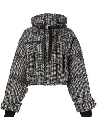 Shoreditch Ski Club Black And White Willow Leah Tweed Puffer Jacket In Blkwht Black White