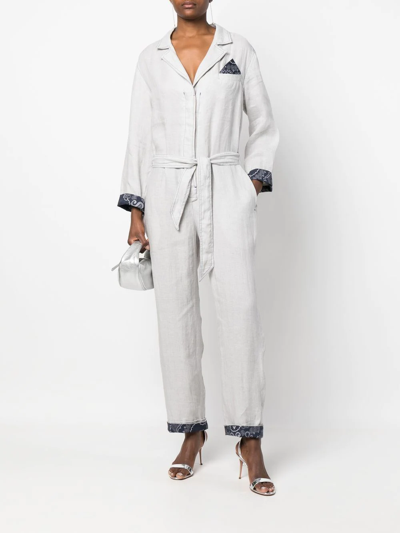 Shop Emporio Armani Bandana-print Tied-waist Linen Jumpsuit In Blue