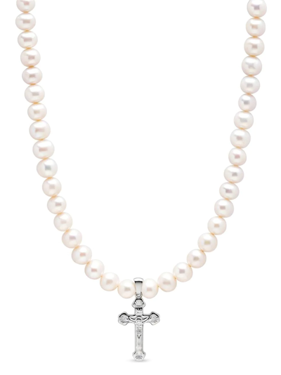 Shop Nialaya Jewelry Cross-pendant Pearl Necklace In White