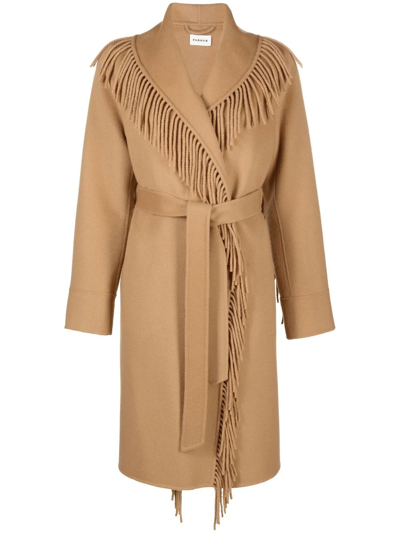 Shop P.a.r.o.s.h Fringed Tied-waist Wool Coat In Brown