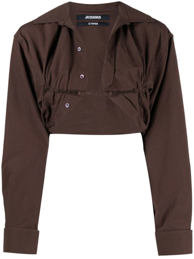Shop Jacquemus Ruched-detail Cropped Shirt In Brown