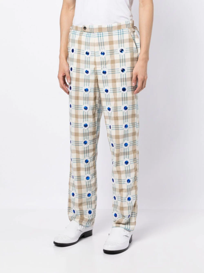 Bode Embellished Checked Straight-leg Trousers In White