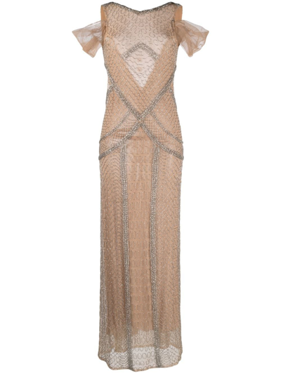 Shop Atu Body Couture Crystal-embellished Scallop-effect Gown In Neutrals