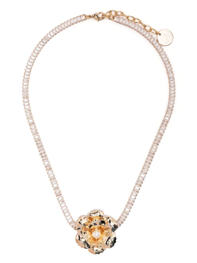 Shop Anton Heunis Floral-detailed Crystal Embellished Necklace In Gold