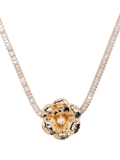 Shop Anton Heunis Floral-detailed Crystal Embellished Necklace In Gold