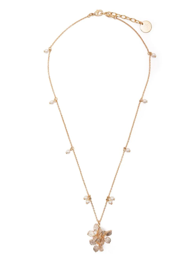 Shop Anton Heunis Faux-pearl Detailed Floral Necklace In Gold