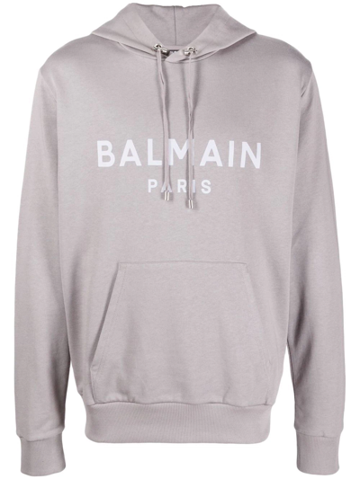 Shop Balmain Logo-print Drawstring Hoodie In Grey