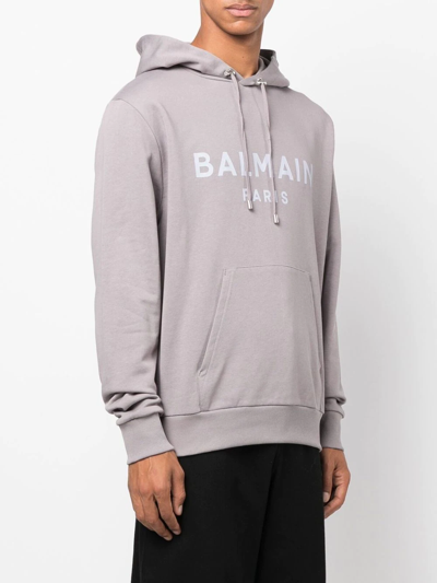 Shop Balmain Logo-print Drawstring Hoodie In Grey