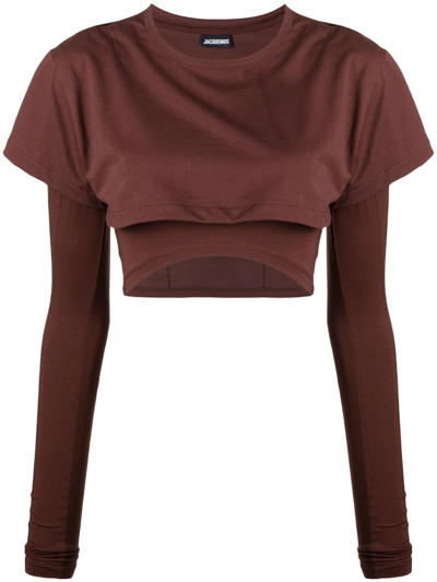 Shop Jacquemus Cropped Layered T-shirt In Brown