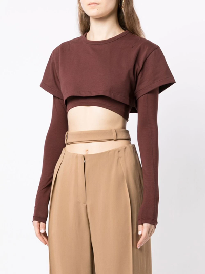 Shop Jacquemus Cropped Layered T-shirt In Brown