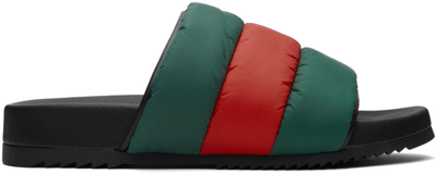 Shop Gucci Black Padded Web Slide Sandals In 3060 Green/blac/br.h