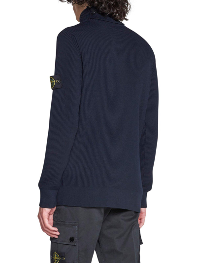Stone Island Crew-neck Wool Blend Sweater With Logo Patch In Navy Blue