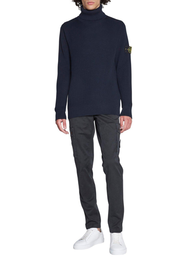 Stone Island Crew-neck Wool Blend Sweater With Logo Patch In Navy Blue