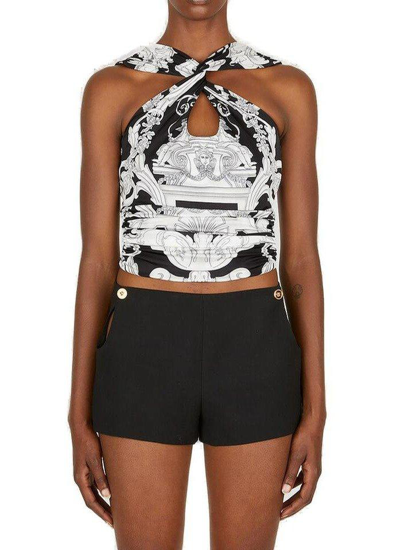 Shop Versace Baroque Pattern Sleeveless Cropped Top In Nero E Bianco