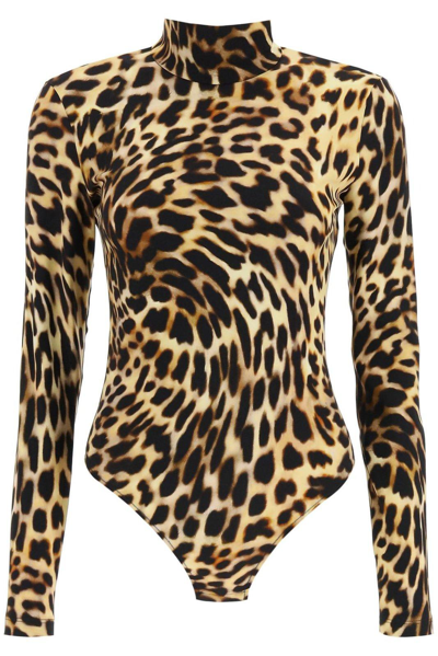 Stella Mccartney Cheetah Print Long Sleeve Turtleneck Bodysuit In Beige E Nero