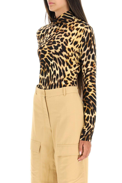 Stella Mccartney Cheetah Print Long Sleeve Turtleneck Bodysuit In Beige E Nero
