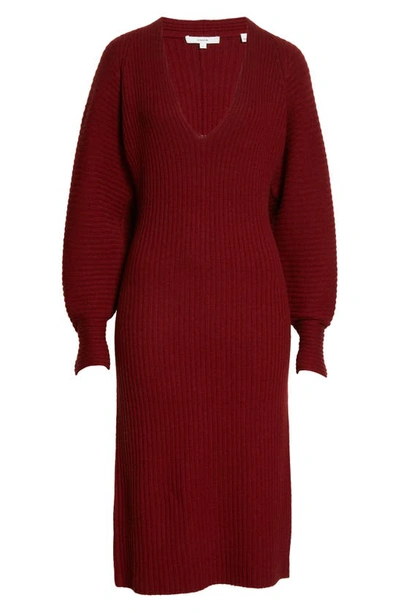 Shop Vince Ribbed Plunge Neck Long Sleeve Wool Blend Dress In 528cur-currant