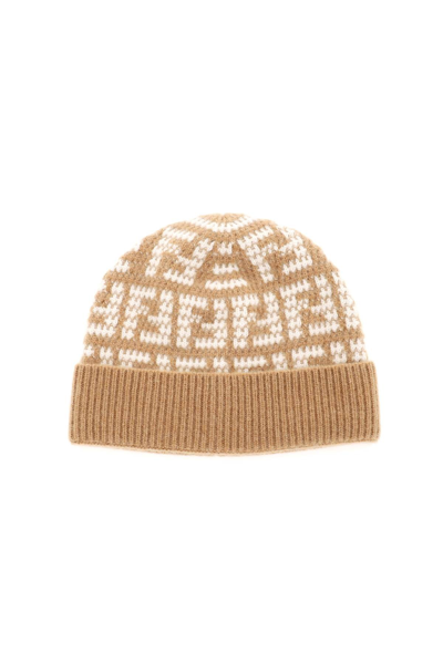 Shop Fendi Jacquard Cashmere Beanie Hat In Beige,white