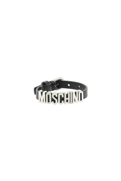 Shop Moschino Leather Logoed Bracelet In Black