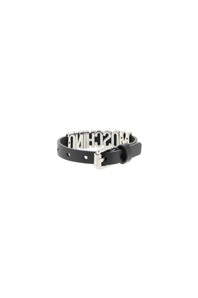 Shop Moschino Leather Logoed Bracelet In Black