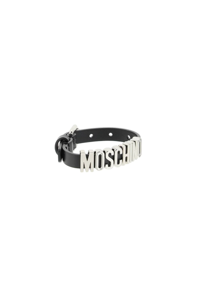 Shop Moschino Leather Logoed Bracelet In Black